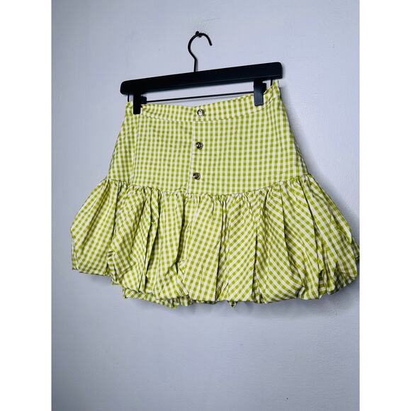 NWT CAROLINE CONSTAS Green White Gingham Checkered Reina Bubble Mini Skirt S - Picture 4 of 15